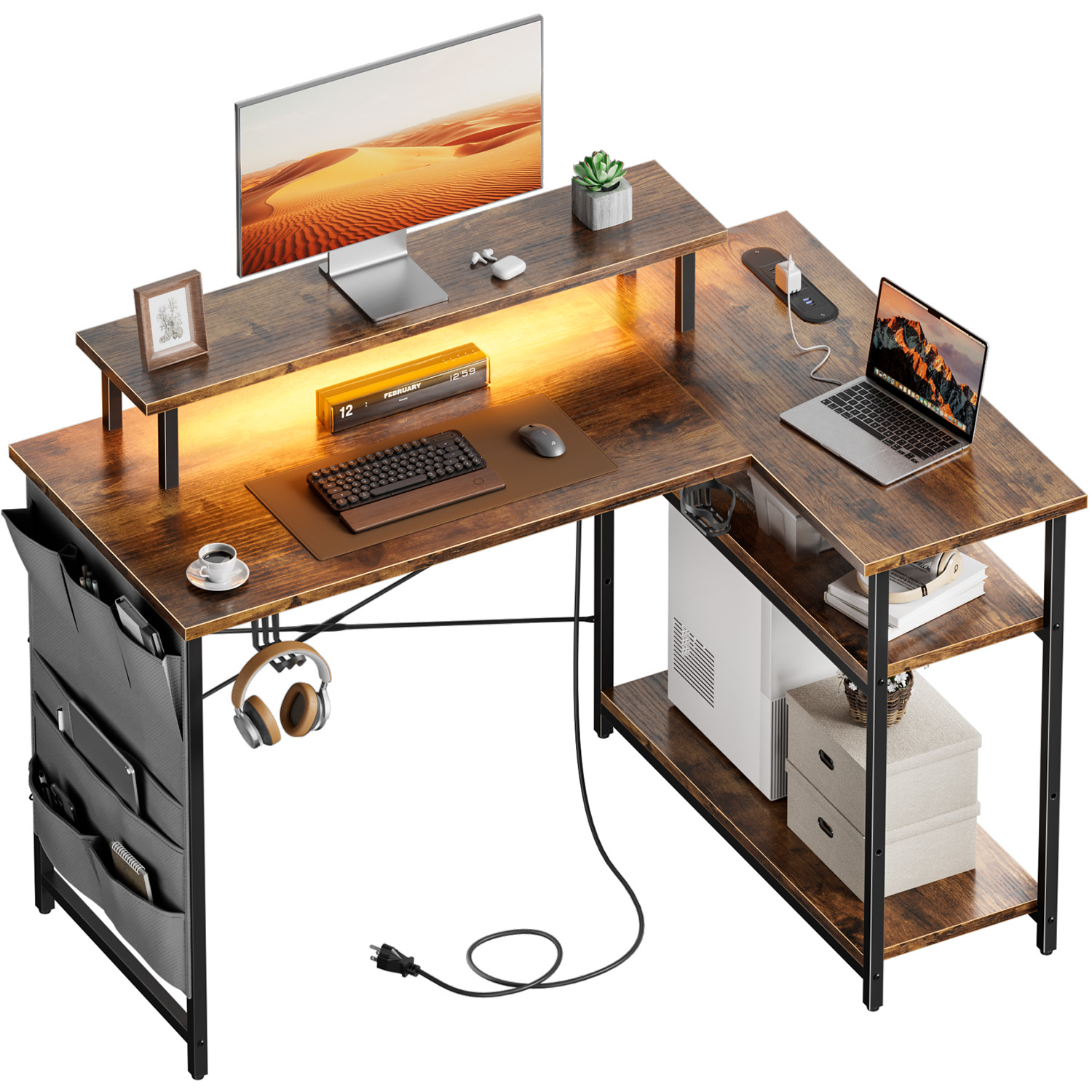 Pc Zotac Gaming - L-Shaped Computer Desk, featuring power outlets